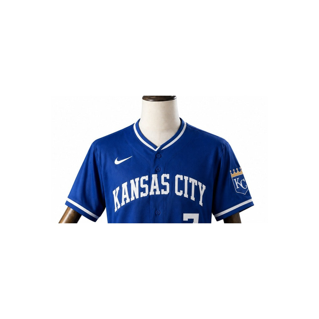 Kansas City Royals MLB – Camisa Oficial Segunda (Away) detalhe escudo manequim fundo branco
