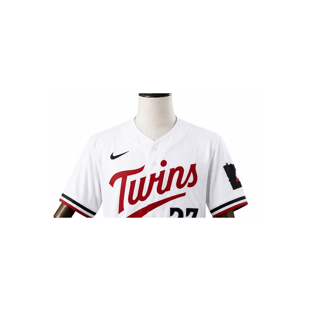 Minnesota Twins MLB – Camisa Oficial Primeira (Home) detalhe escudo manequim fundo branco