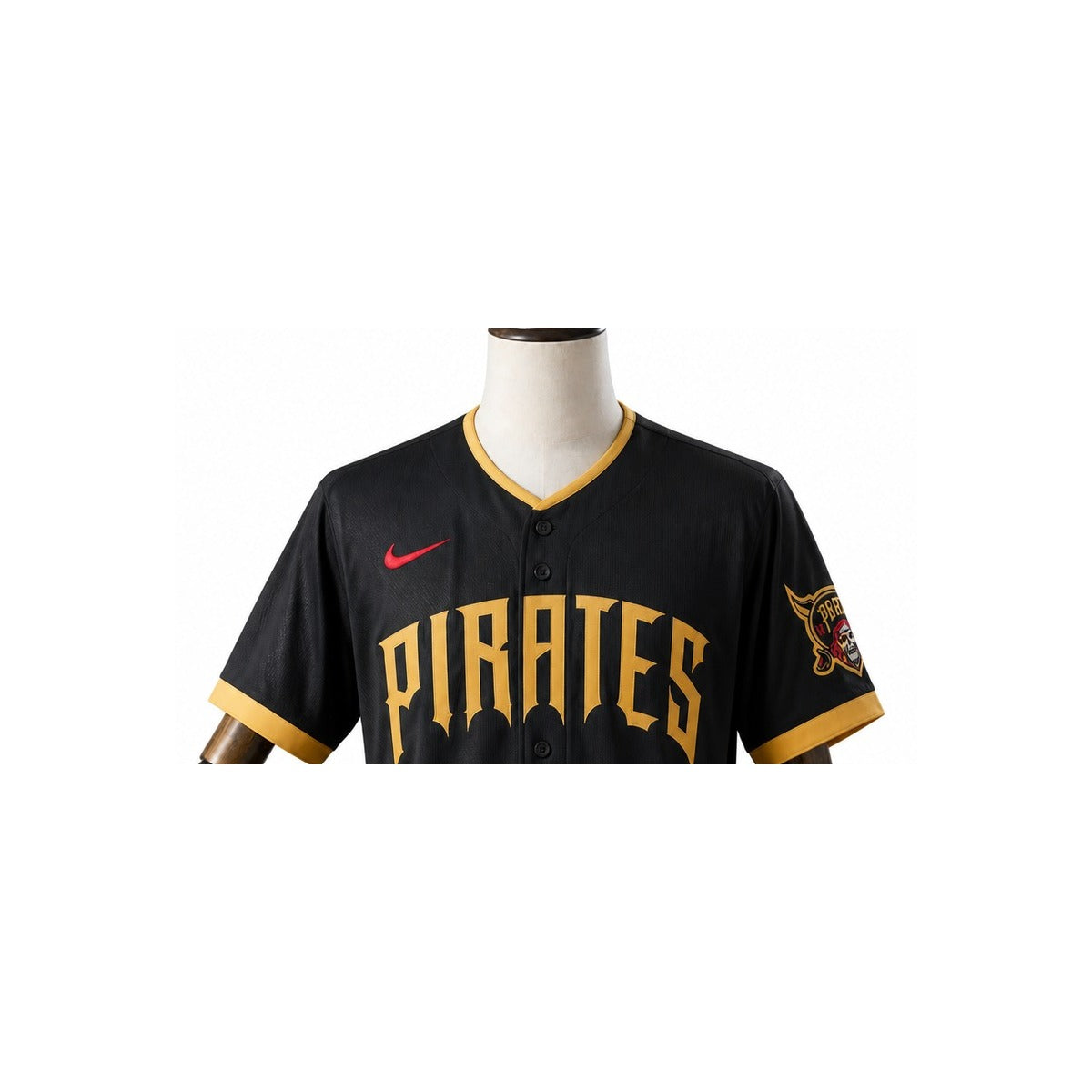 Pittsburgh Pirates MLB – Camisa Oficial Segunda (Away) detalhe escudo manequim fundo branco