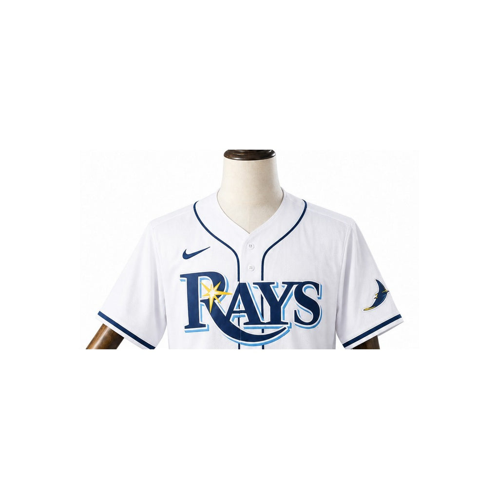 Tampa Bay Rays MLB – Camisa Oficial Primeira (Home) detalhe escudo manequim fundo branco