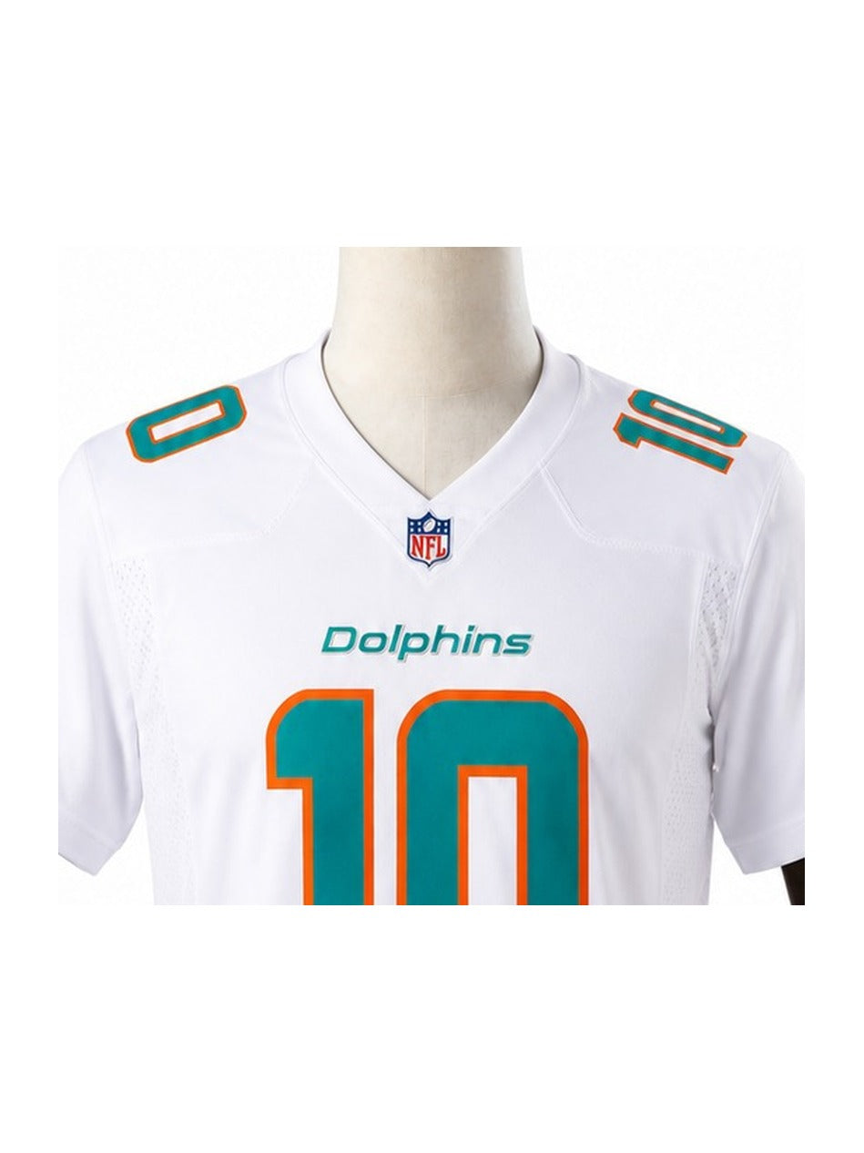 Camisa Miami Dolphins Away (Visitante) NFL detalhe escudo manequim fundo branco