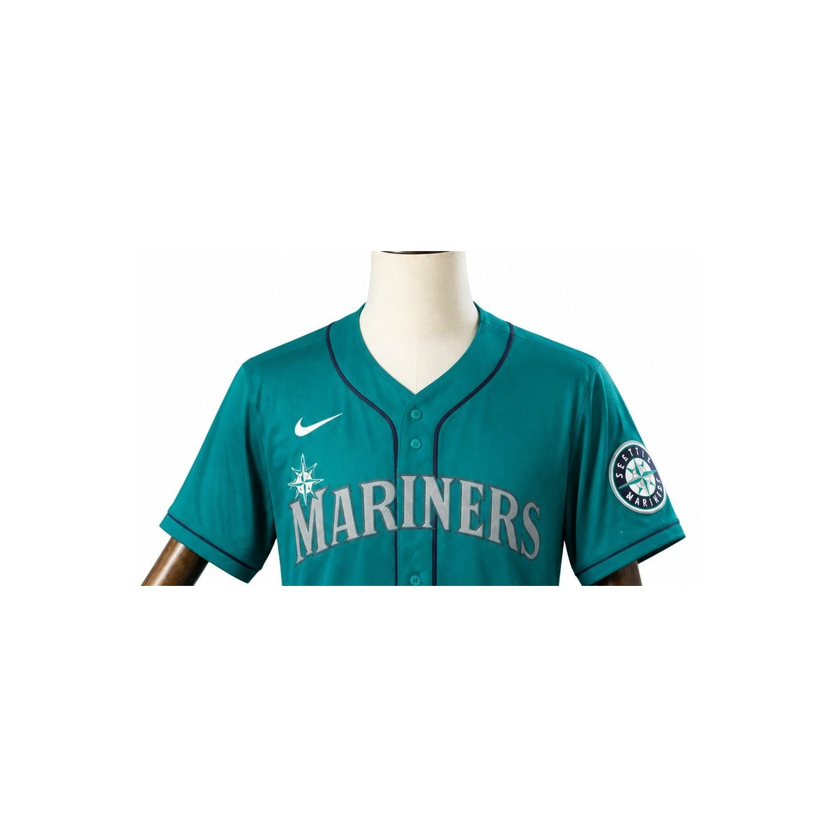 Seattle Mariners MLB – Camisa Oficial Segunda (Away) detalhe escudo manequim fundo branco