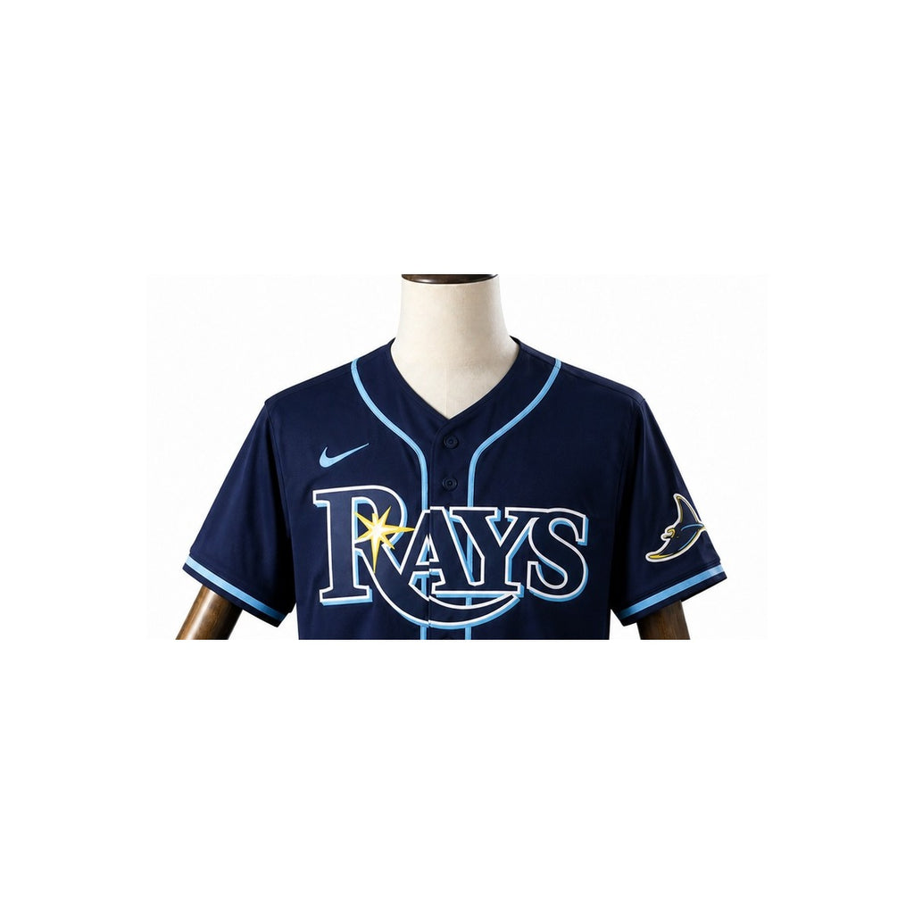 Tampa Bay Rays MLB – Camisa Oficial Segunda (Away) detalhe escudo manequim fundo branco