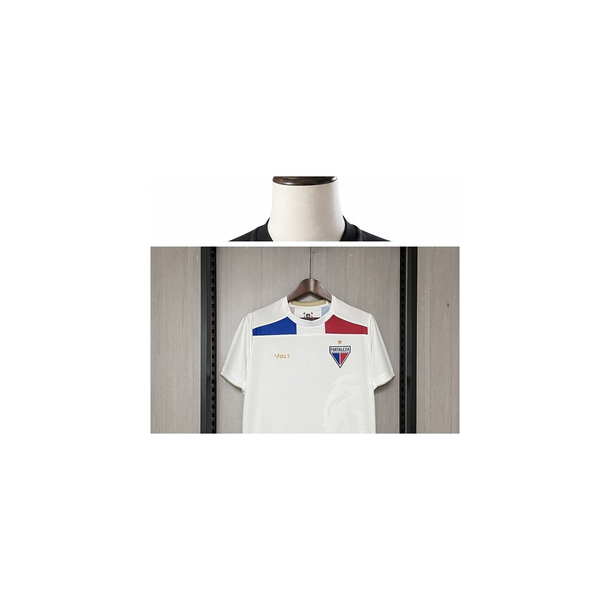 Camisa Fortaleza – 2º Uniforme Jogador 2026/2027 detalhe escudo manequim fundo branco