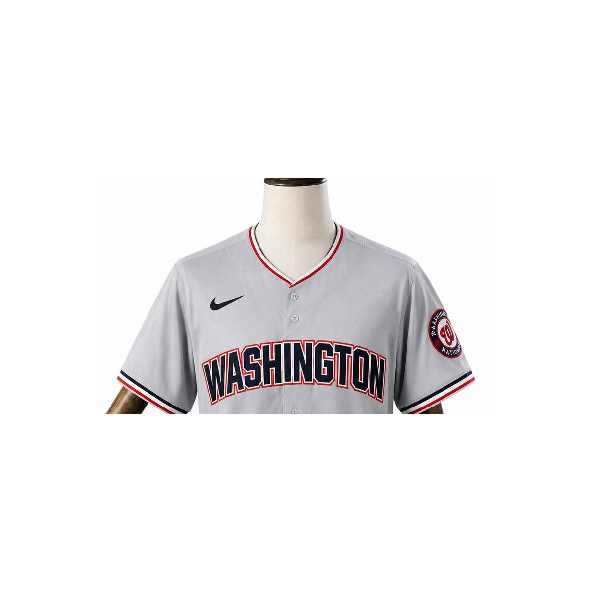 Washington Nationals MLB – Camisa Oficial Segunda (Away) detalhe escudo manequim fundo branco
