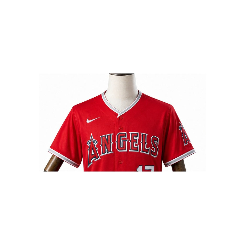 Los Angeles Angels MLB – Camisa Oficial Segunda (Away) detalhe escudo manequim fundo branco