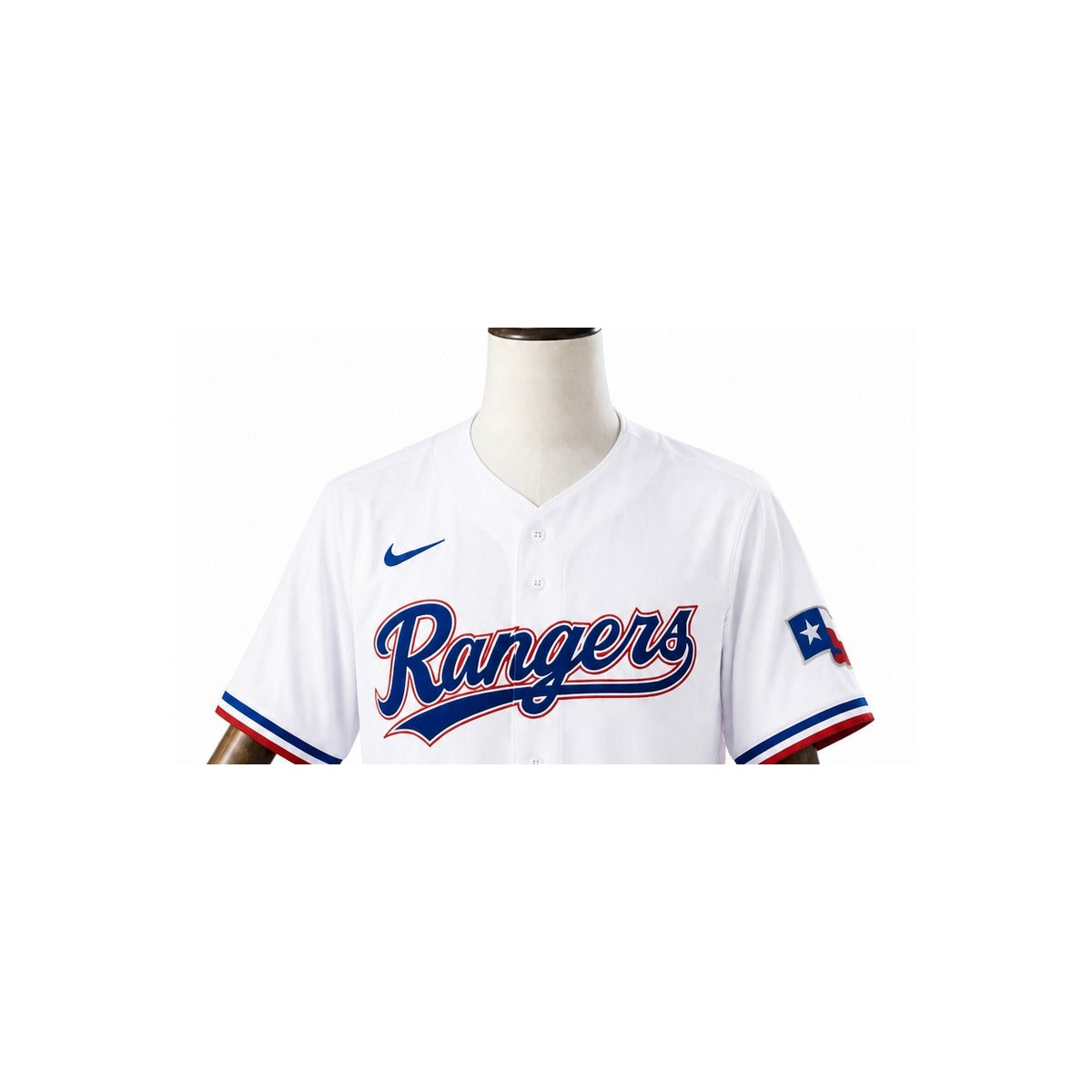 Texas Rangers MLB – Camisa Oficial Primeira (Home) detalhe escudo manequim fundo branco