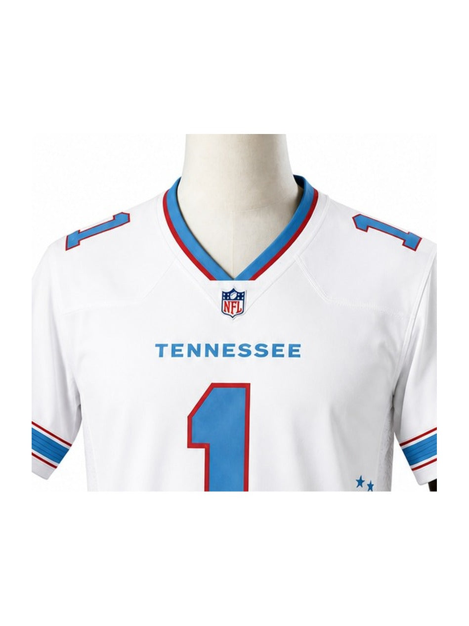 Camisa Tennessee Titans Away (Visitante) NFL detalhe escudo manequim fundo branco
