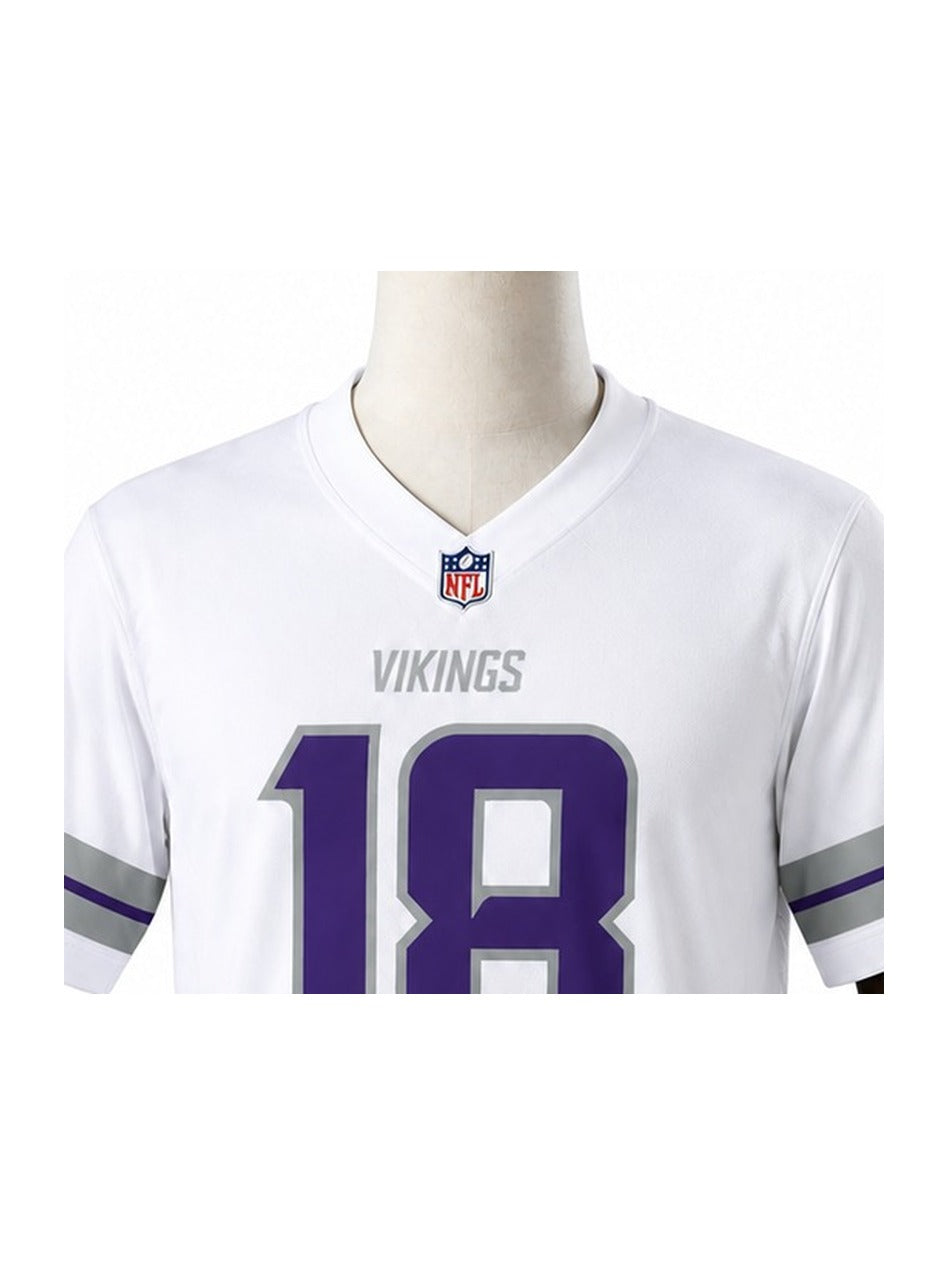 Camisa Minnesota Vikings Away (Visitante) NFL detalhe escudo manequim fundo branco