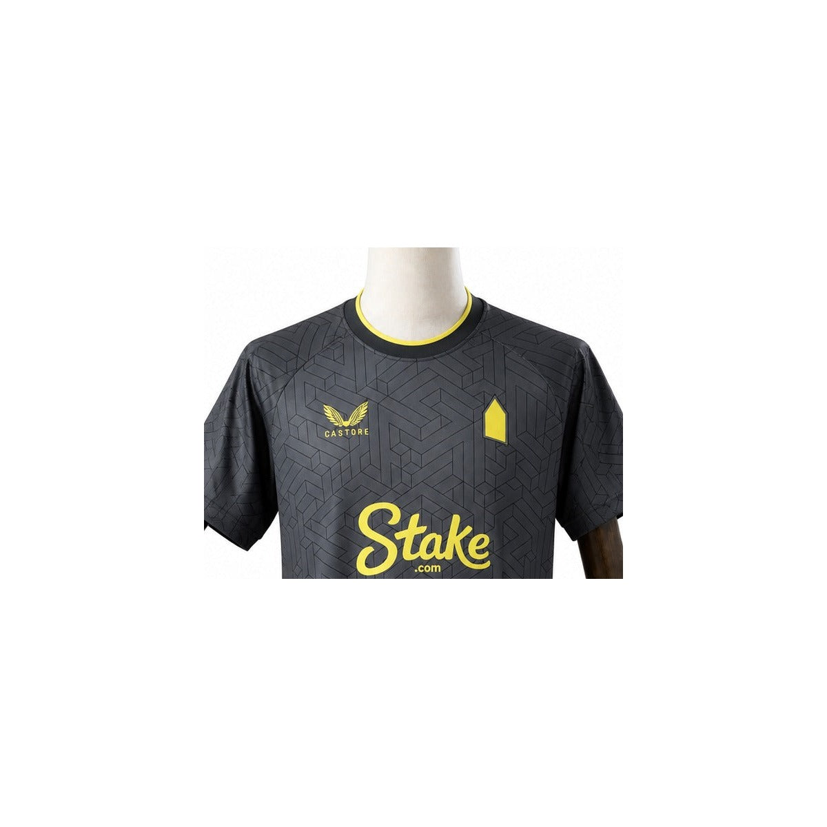 Camisa Everton - 2º Uniforme Torcedor 2024/25 detalhe escudo manequim fundo branco
