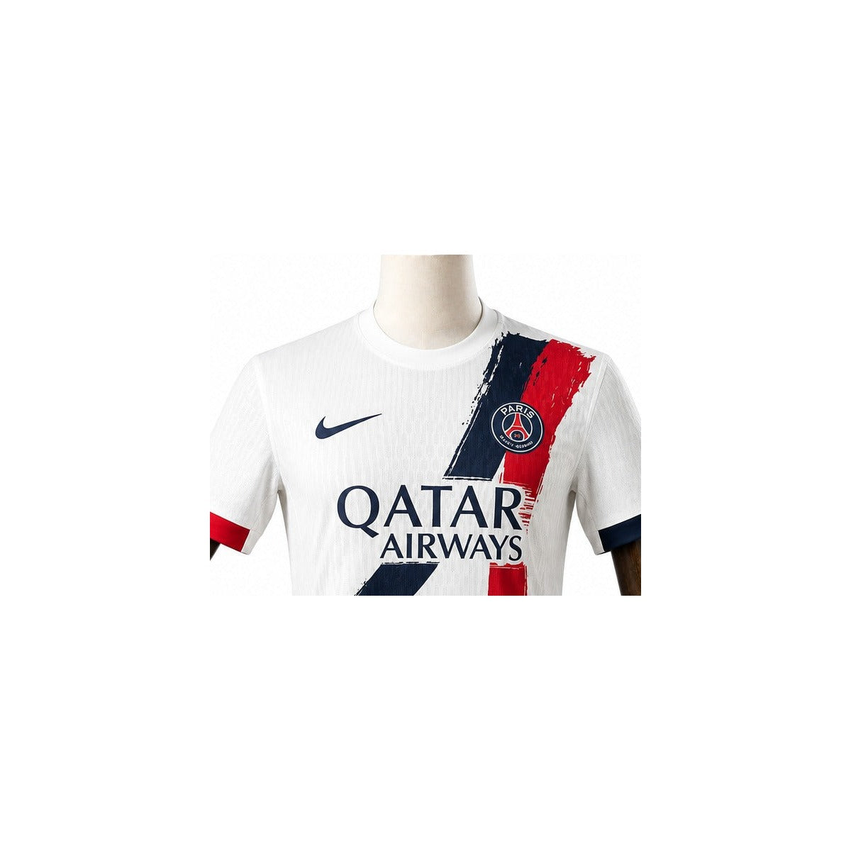 Camisa PSG - 2º Uniforme Jogador 2024/25 detalhe escudo manequim fundo branco