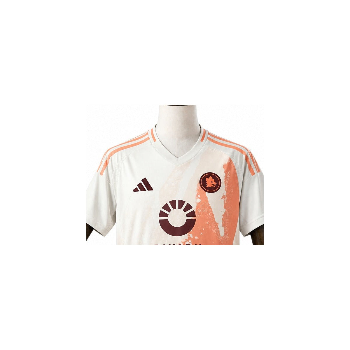Camisa Roma - 2º Uniforme Torcedor 2024/25 detalhe escudo manequim fundo branco