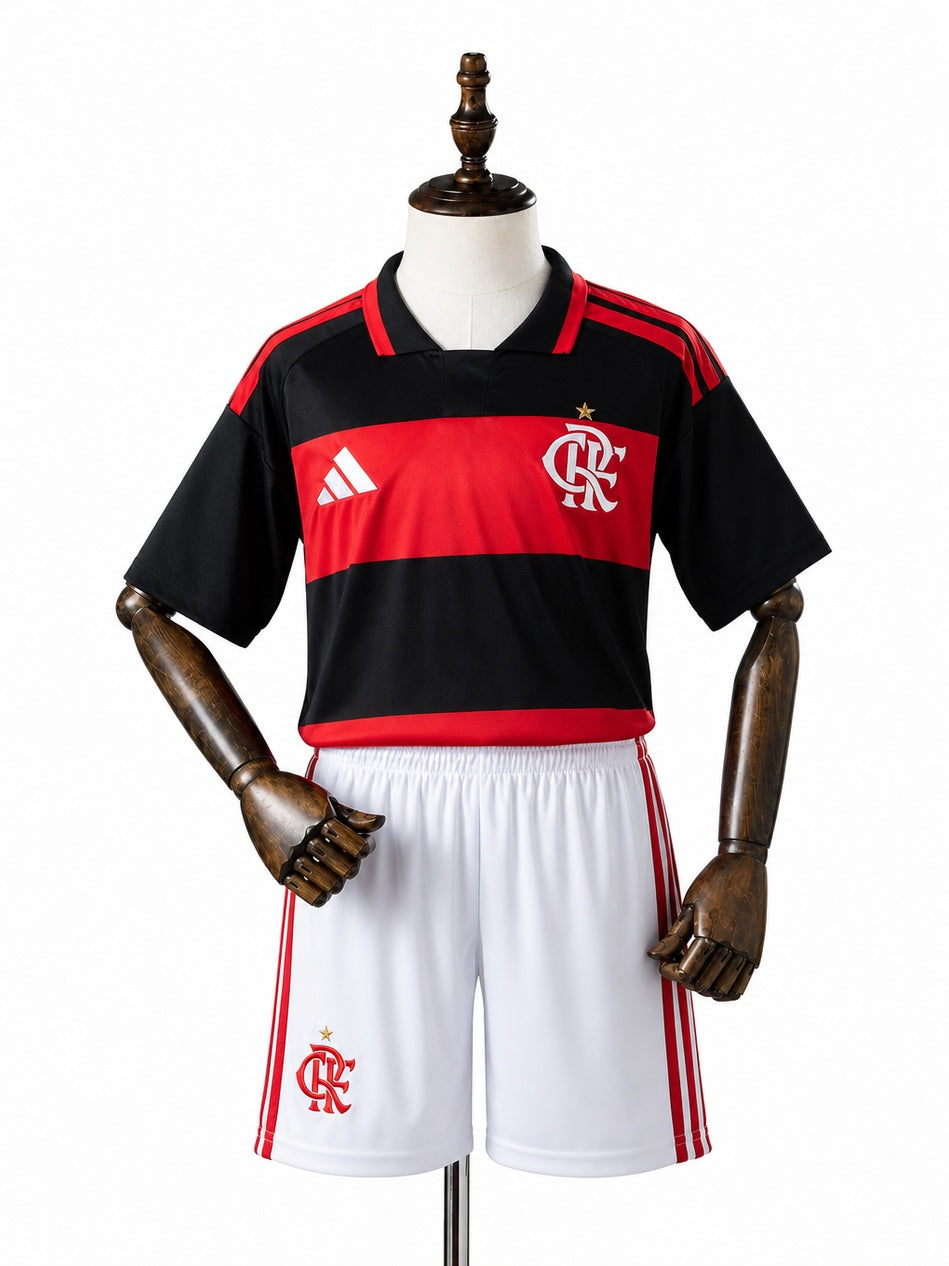 Flamengo 2026/27 Home Jersey Kids Kit front wood mannequin white background