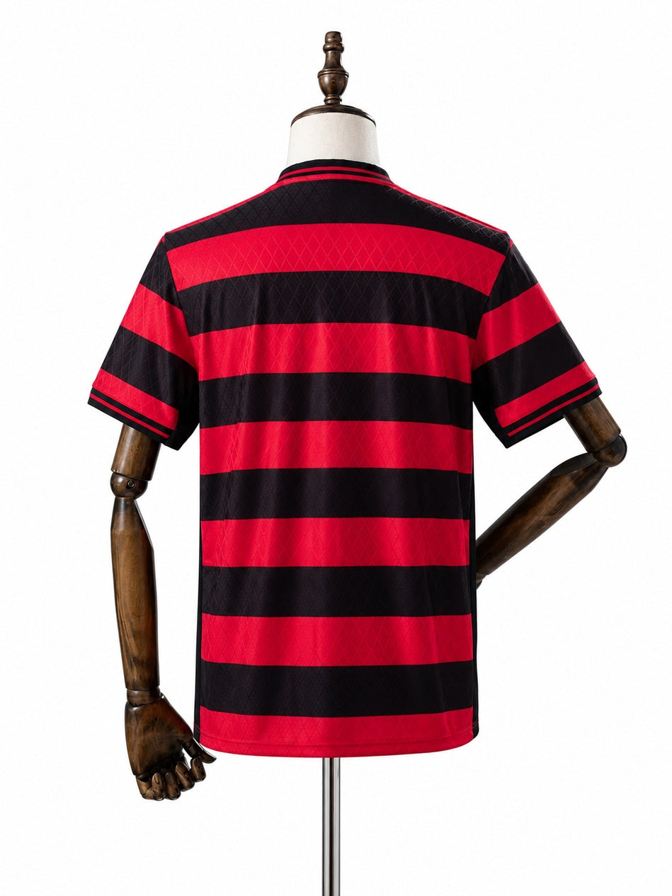 Flamengo 2026/27 Special Edition Red/Black Striped Jersey back wood mannequin white background