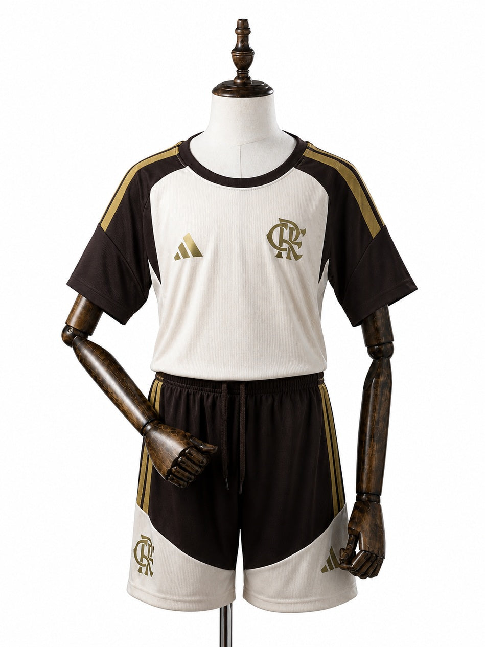 Flamengo 2026/27 Training Kids Kit Brown front wood mannequin white background