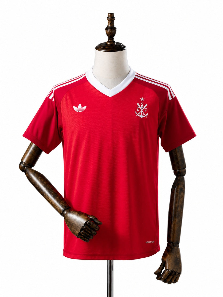 Flamengo 25/26 Special Edition Red Jersey front wood mannequin white background