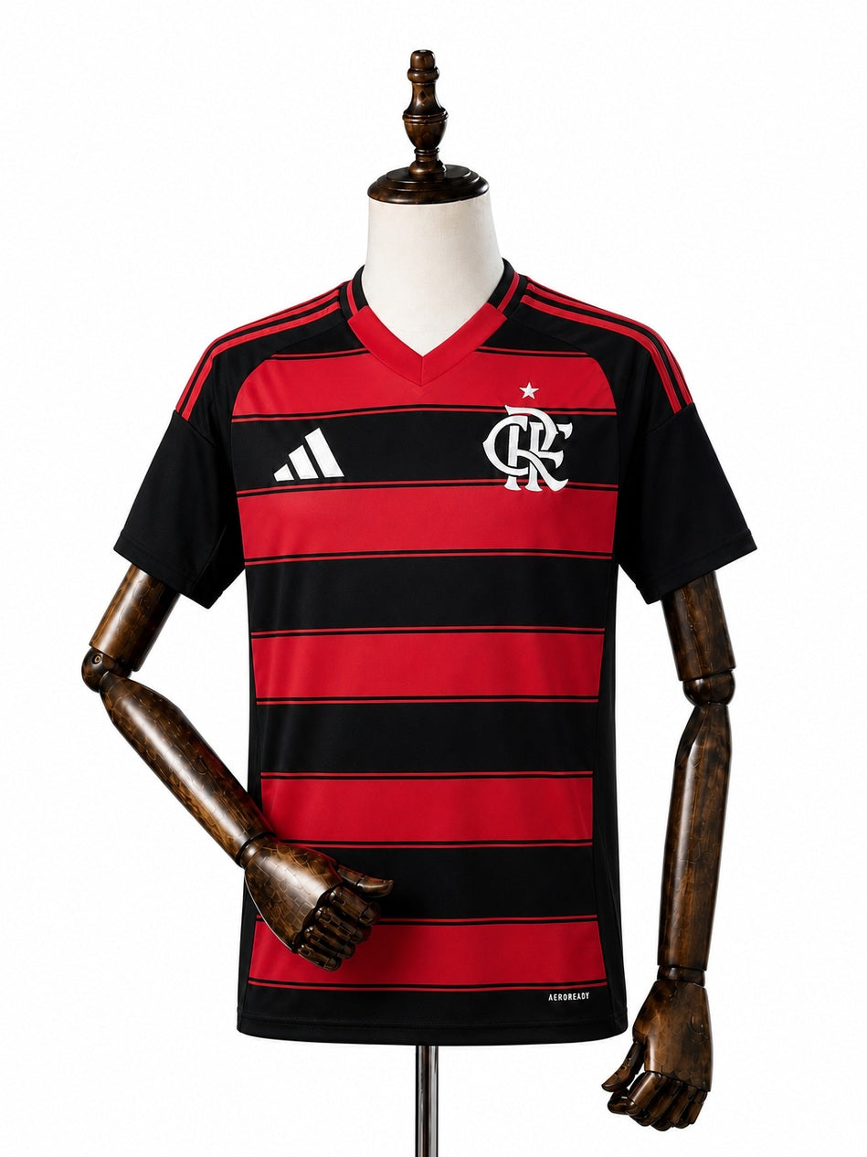 Flamengo 25/26 women Flamengo home red Jersey front wood mannequin white background