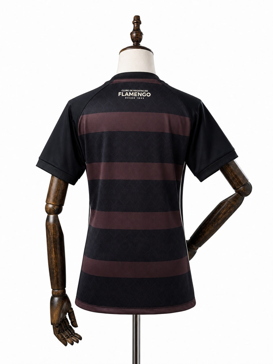 Flamengo 25/26 Women's Black Diamond Edition Jersey back wood mannequin white background