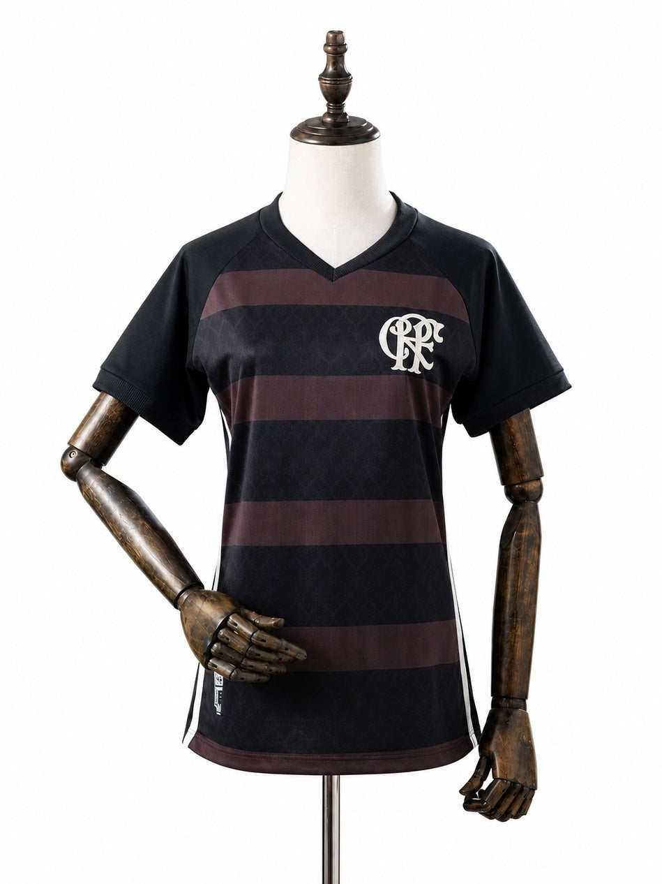 Flamengo 25/26 Women's Black Diamond Edition Jersey front wood mannequin white background