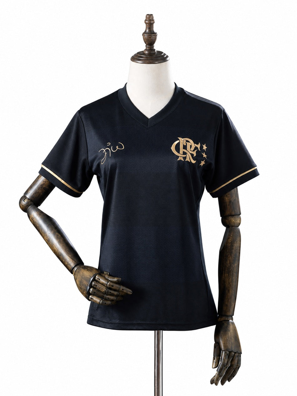 Flamengo 25/26 Women's Special Edition Black Jersey front wood mannequin white background
