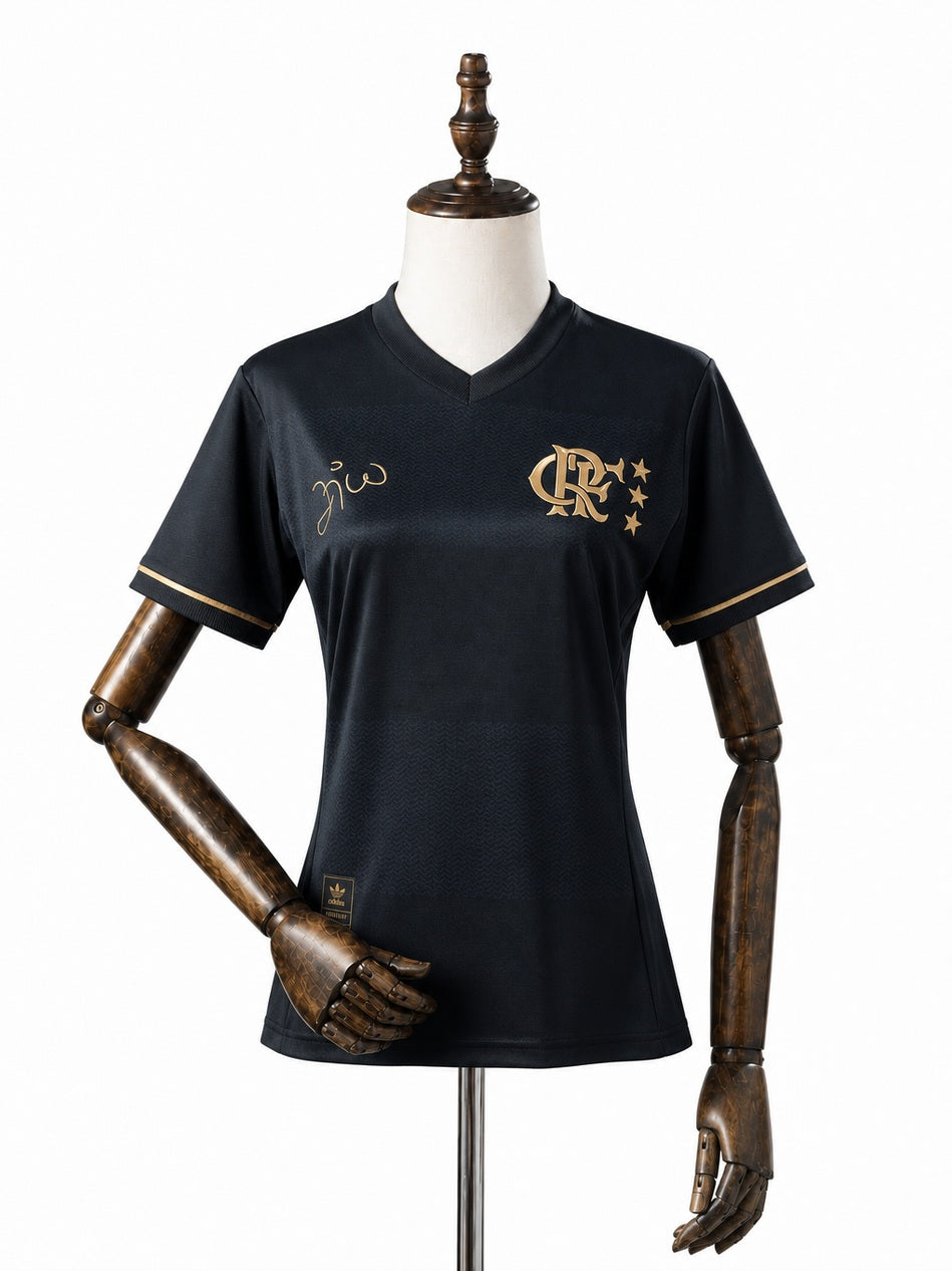 Flamengo 25/26 Women's Special Edition Black Jersey front wood mannequin white background