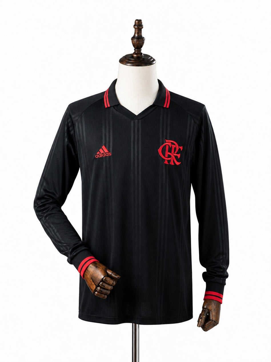 Flamengo Black Classic Edition Retro Long Sleeve Jersey front wood mannequin white background