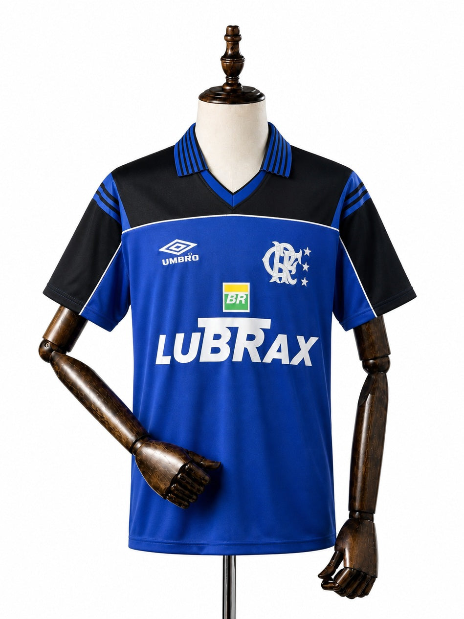 Flamengo Blue Goalkeeper Uniform Retro Jersey front wood mannequin white background
