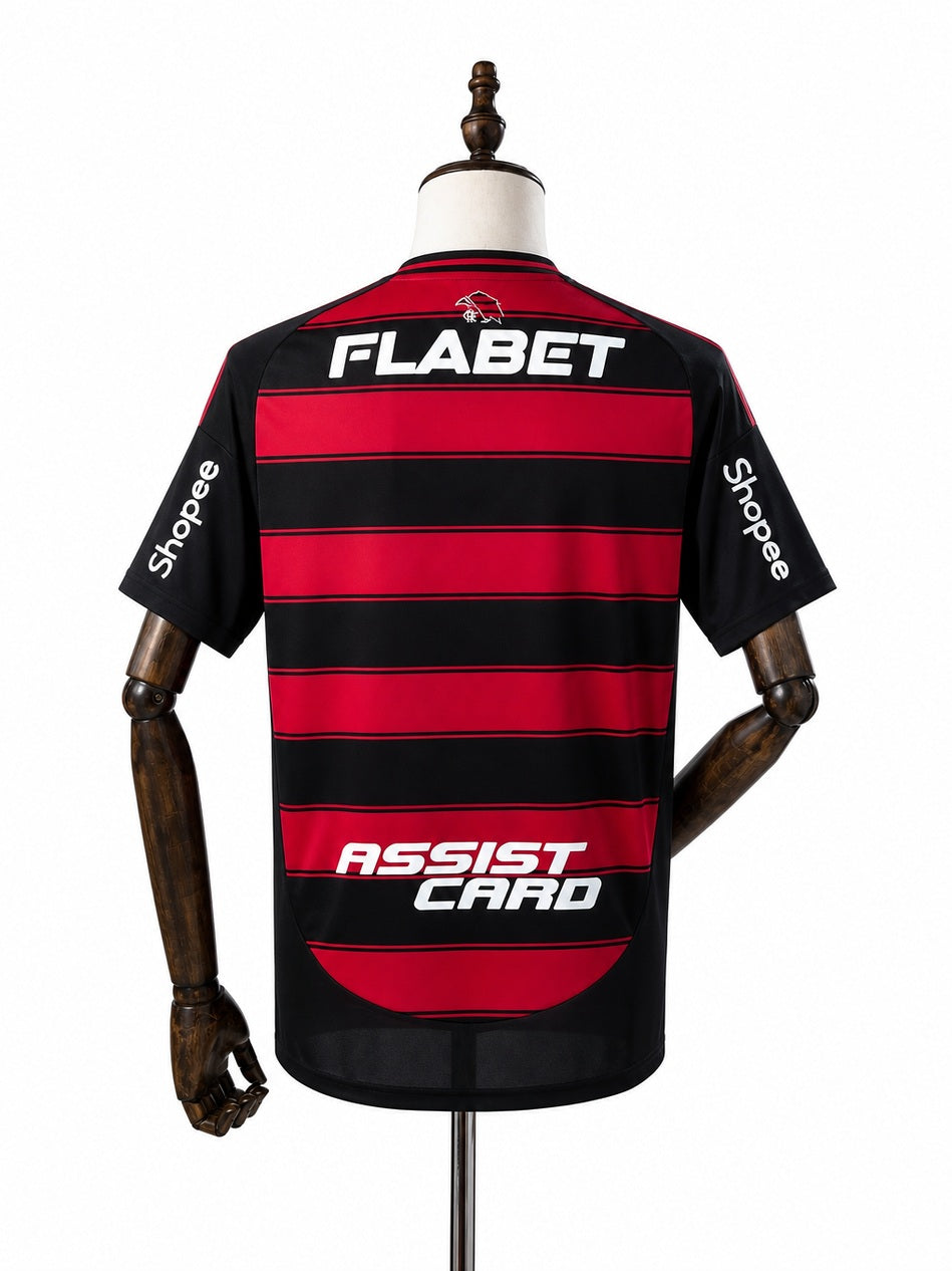 Flamengo Home All Sponsor Jersey back wood mannequin white background