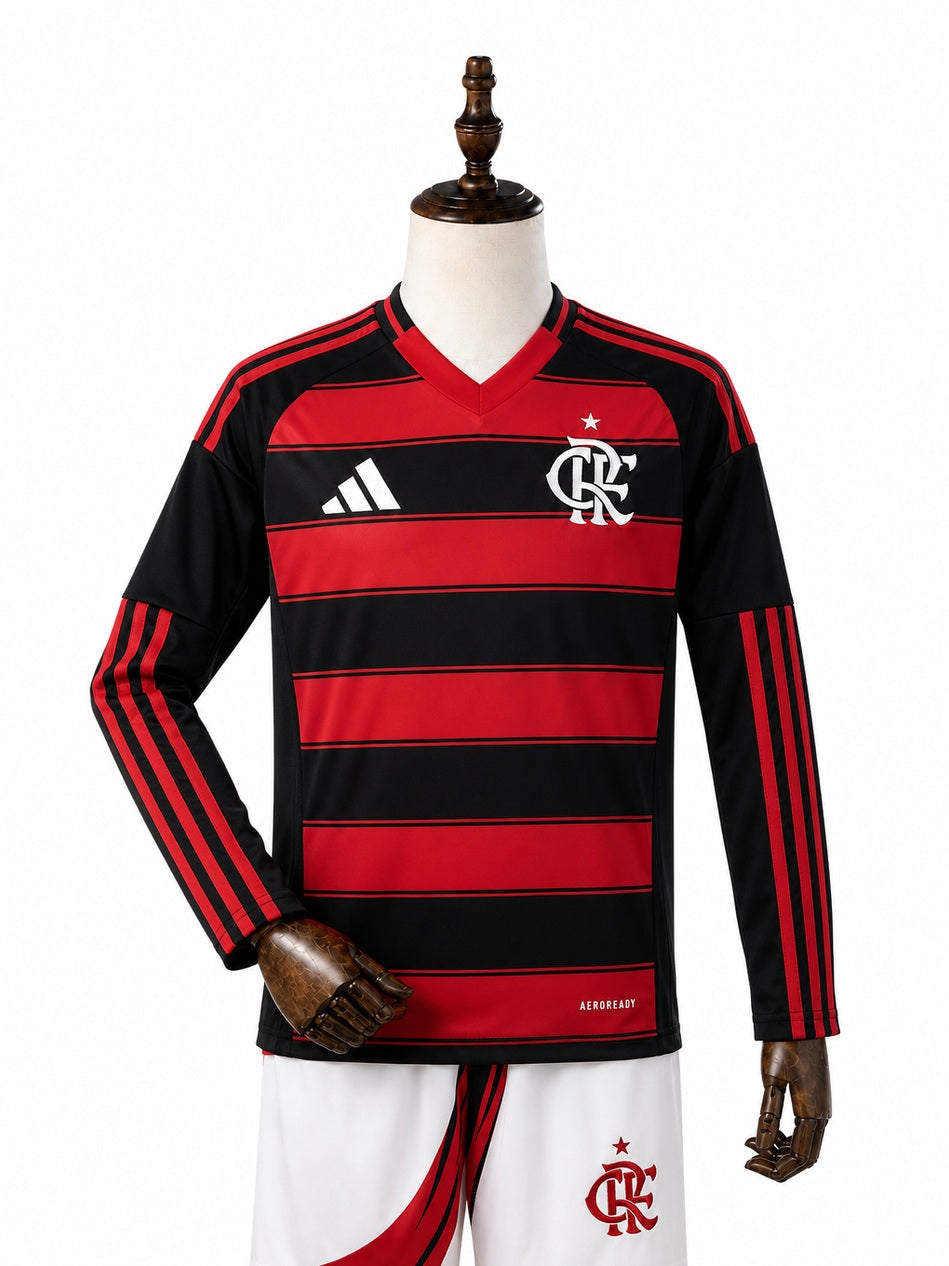 Flamengo home kids jersey front wood mannequin white background