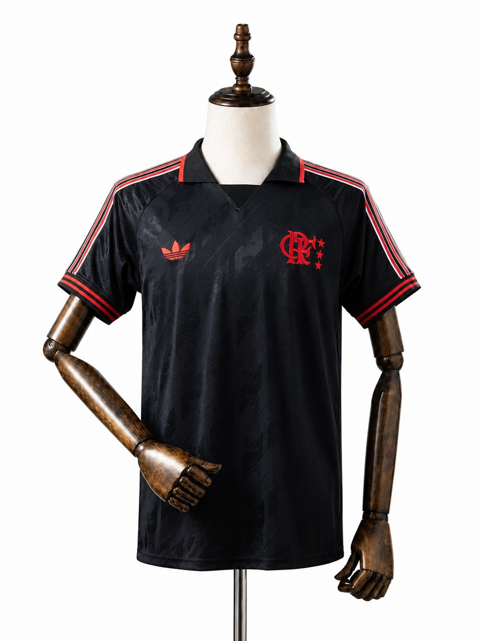 Flamengo Lifestyler Retro Black Jersey front wood mannequin white background
