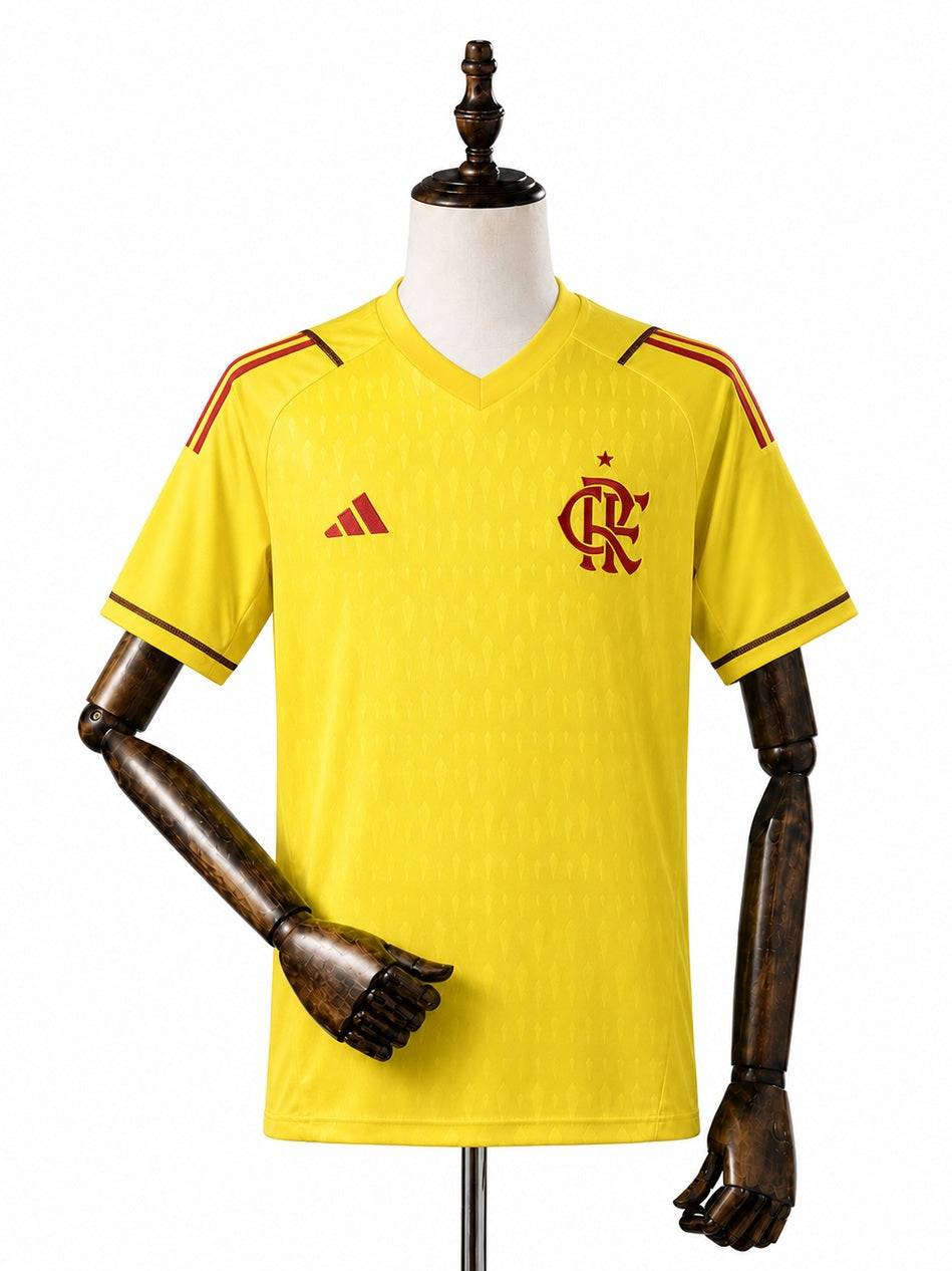 Flamengo Limited Edition Goalkeeper Yellow Jersey front wood mannequin white background