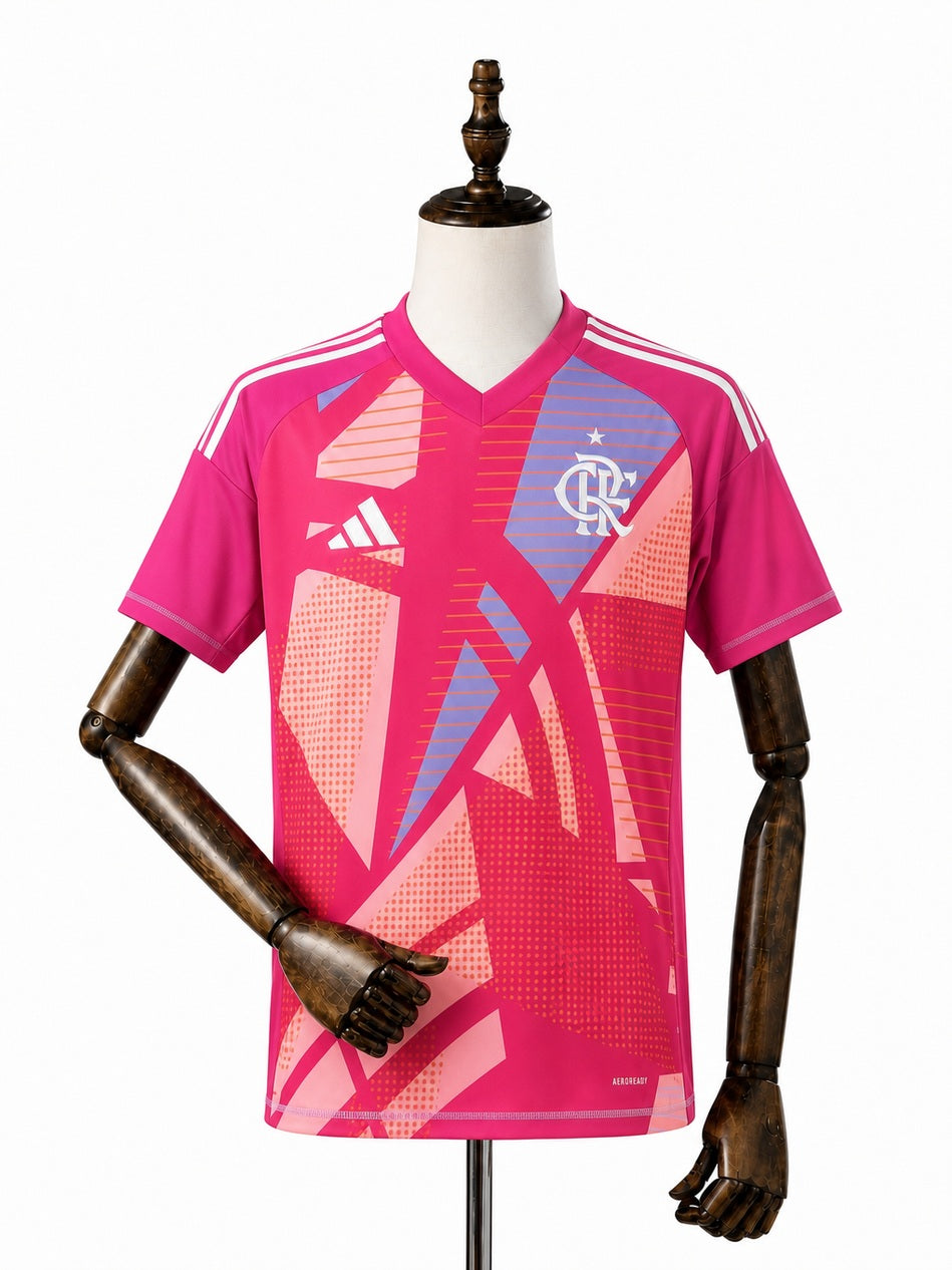 Flamengo pink goalkeeper Jersey front wood mannequin white background