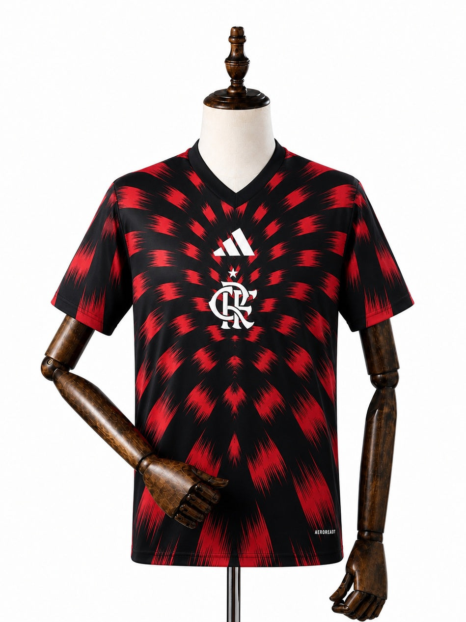 Flamengo Pre-Match Red and Black Jersey front wood mannequin white background