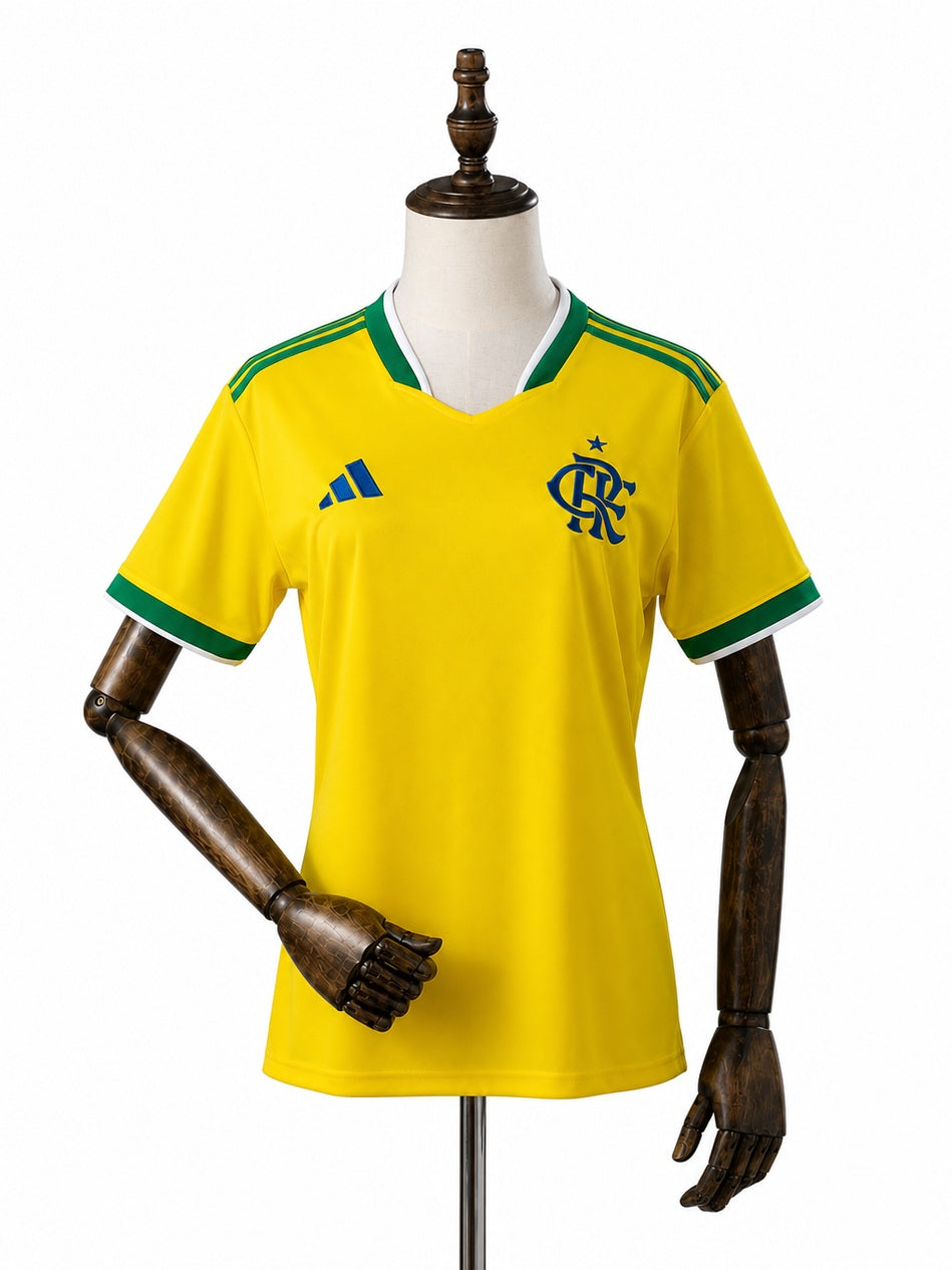 Flamengo Special Edition Women Yellow Jersey front wood mannequin white background