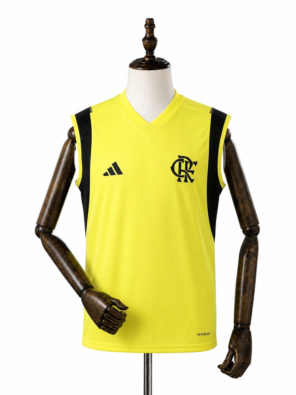 Flamengo Training Wear Yellow Vest Sleeveless Football Jersey front wood mannequin white background