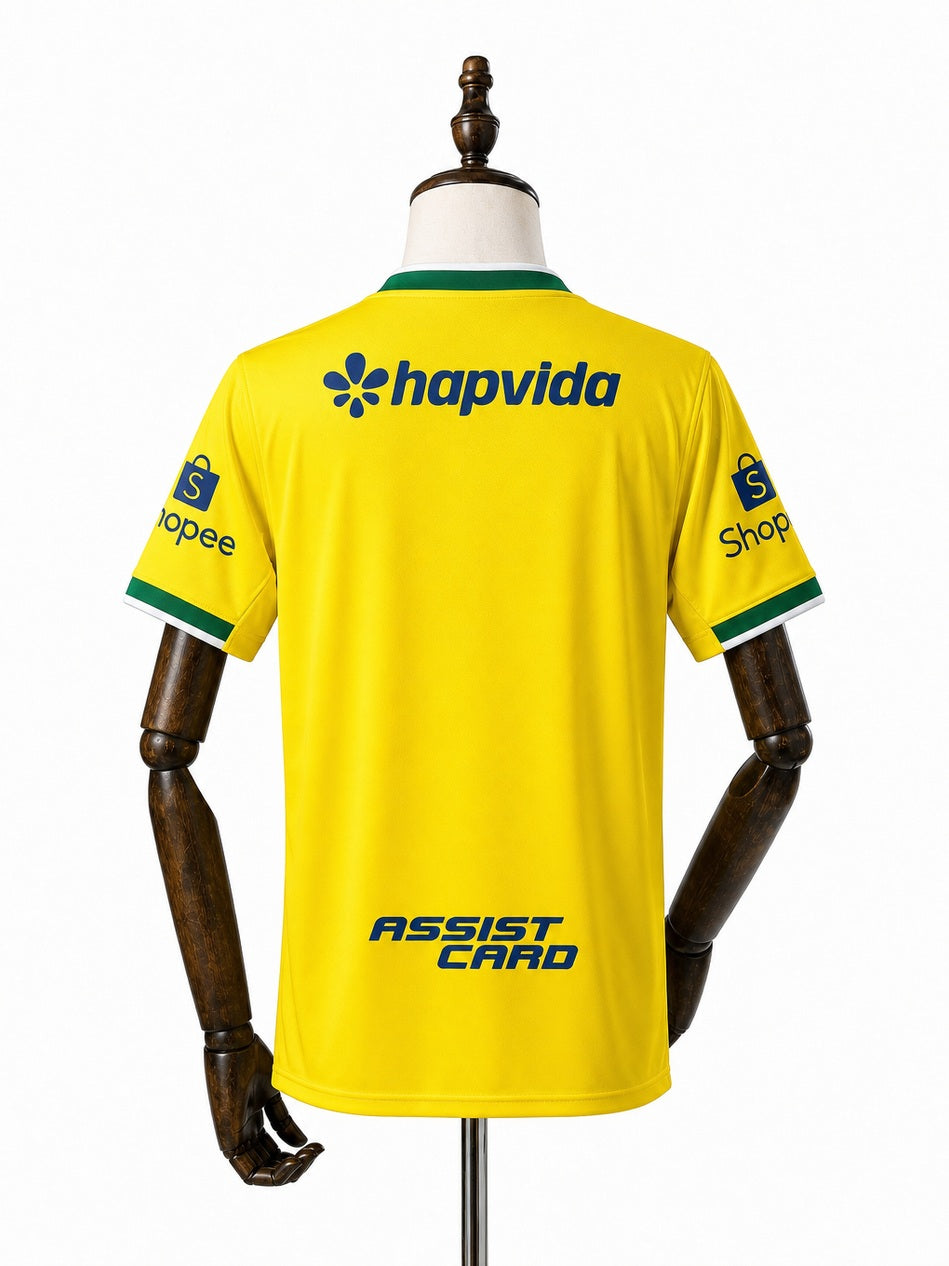 Flamengo Yellow Jersey All Sponsor back wood mannequin white background