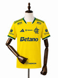 Flamengo Yellow Jersey All Sponsor front wood mannequin white background
