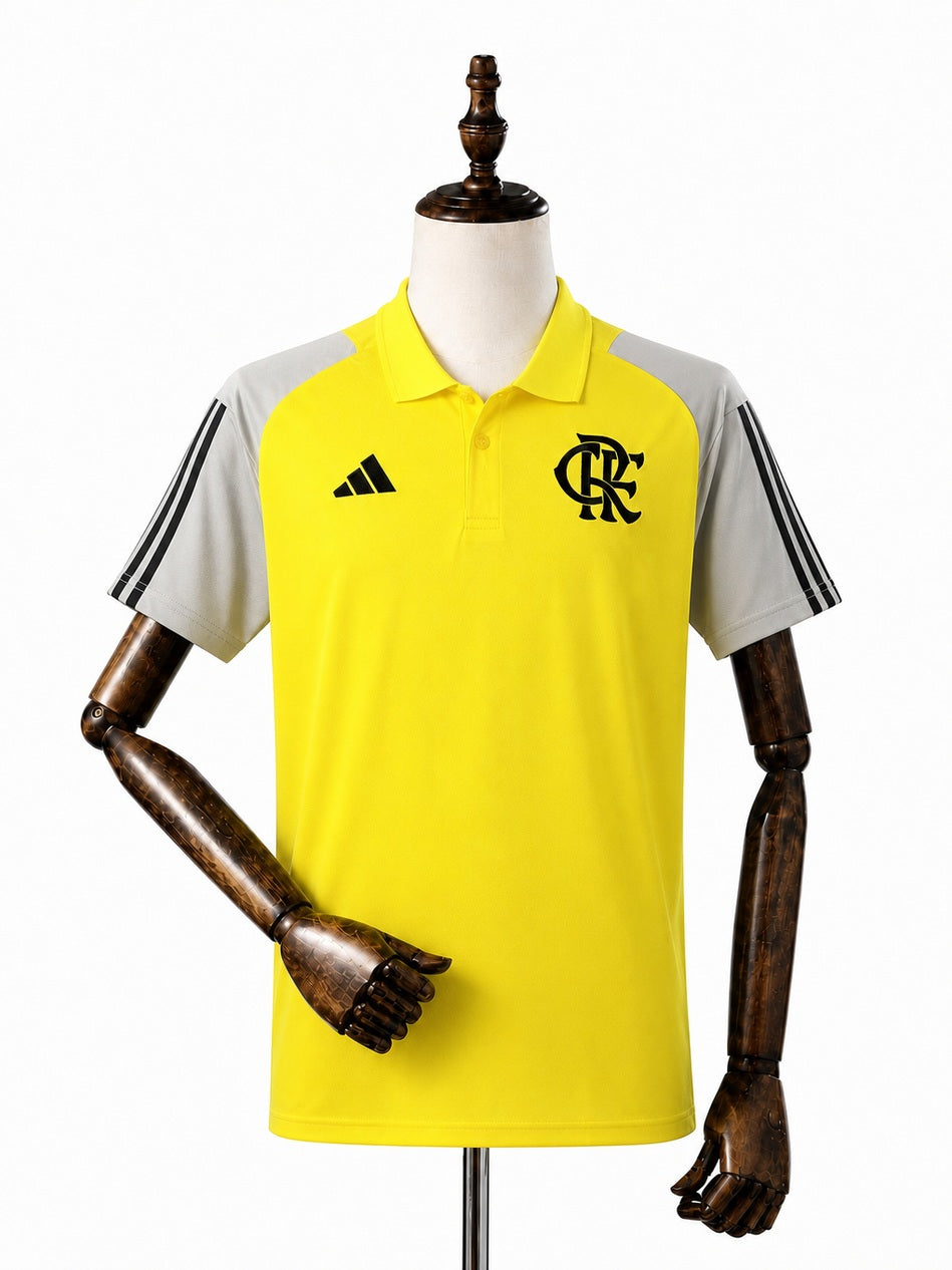 Flamengo yellow POLO jersey front wood mannequin white background