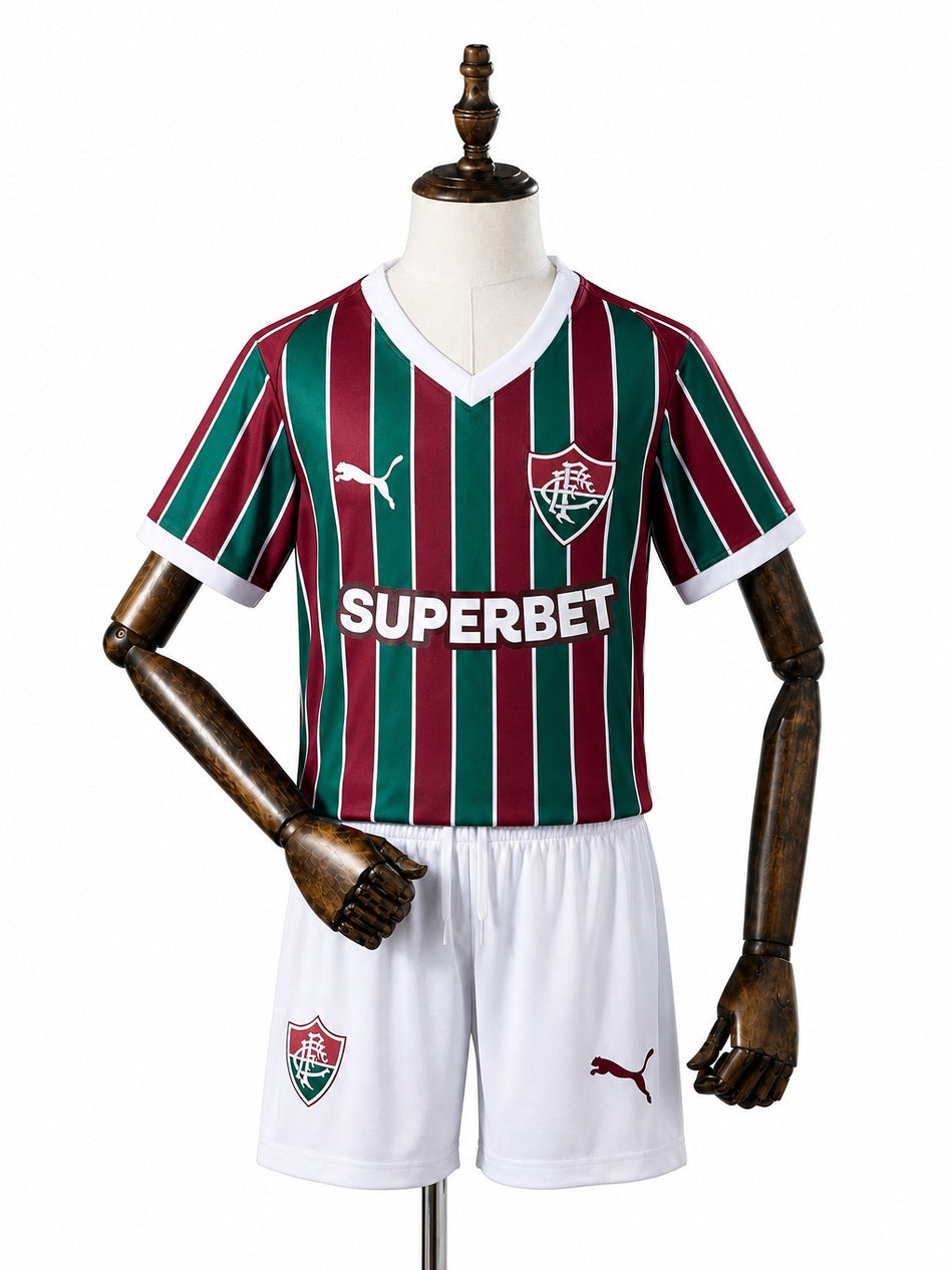 Fluminense 2026/27 Home Kids Kit front wood mannequin white background