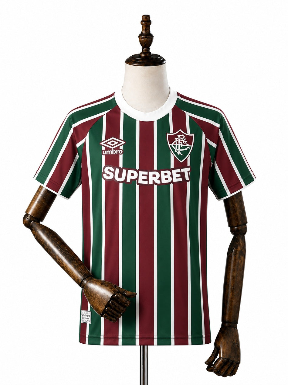 Fluminense home kids kit front wood mannequin white background