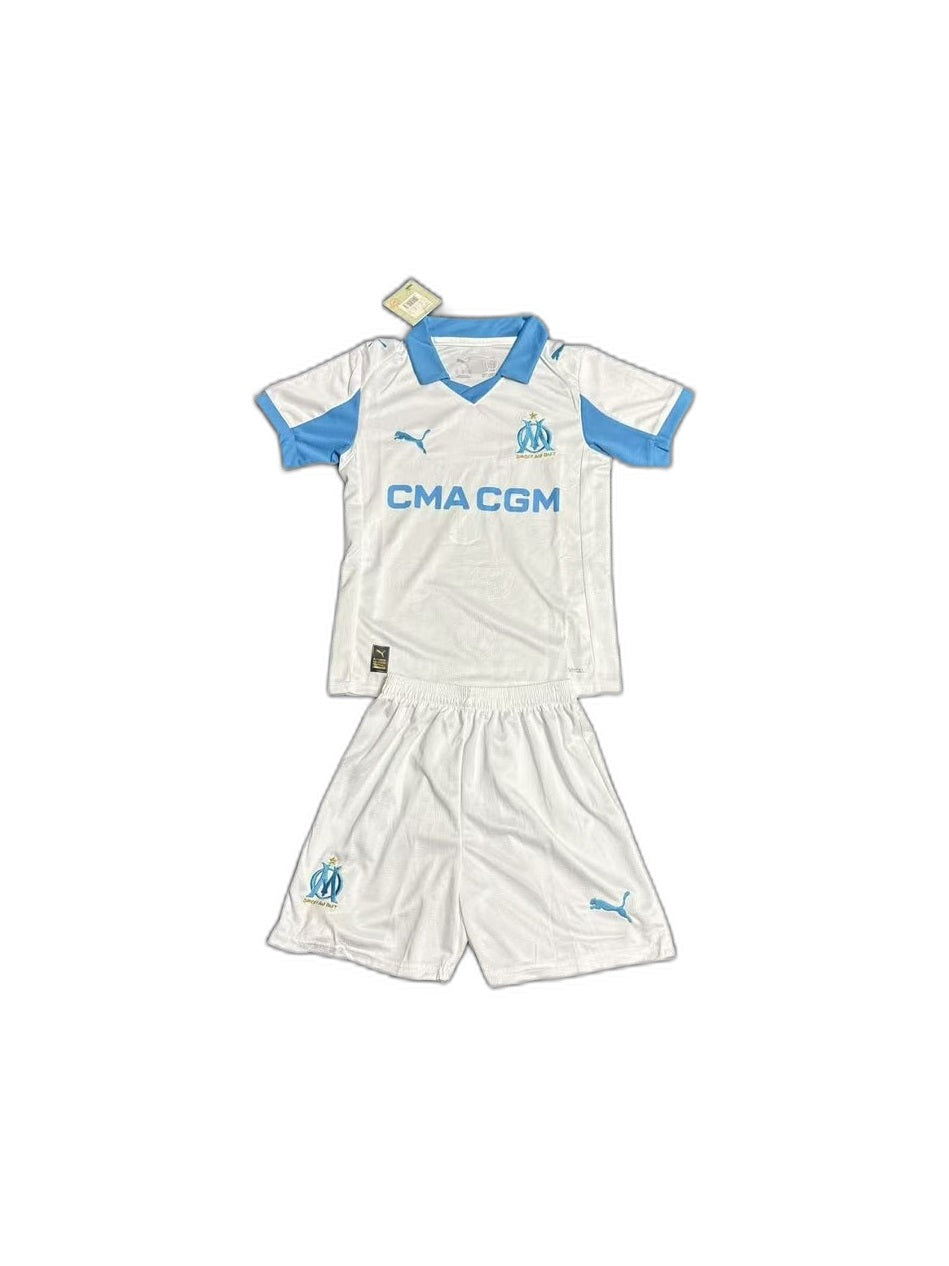 Camisa 2025-26 Marseille Home Infantil frente fundo branco