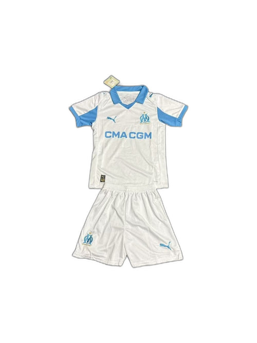Camisa 2025-26 Marseille Home Infantil frente fundo branco