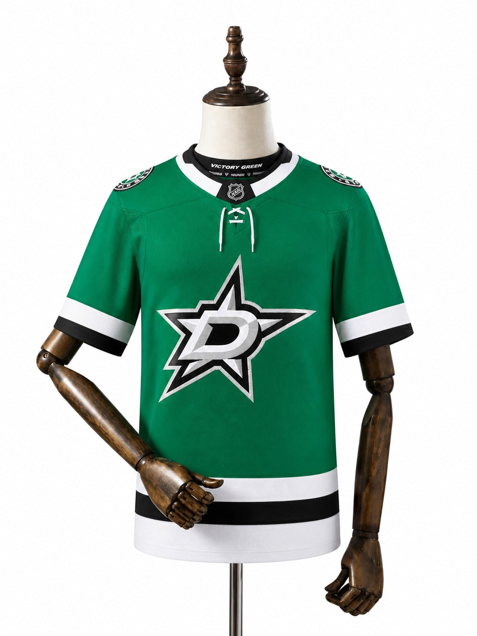 Dallas Stars NHL Jersey – Home & Away frente real web manequim fundo branco