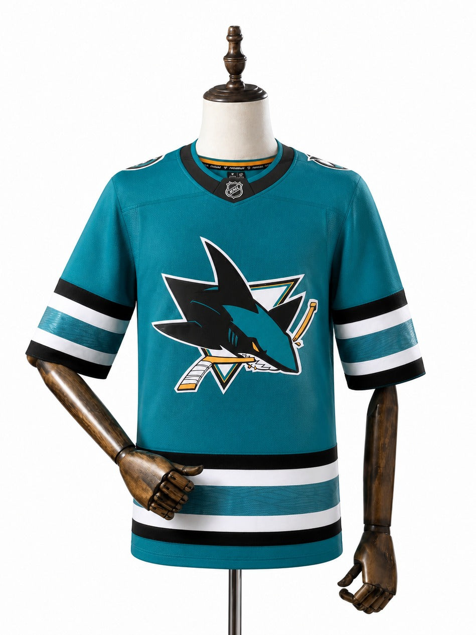 San Jose Sharks NHL Jersey – Home & Away frente real web manequim fundo branco