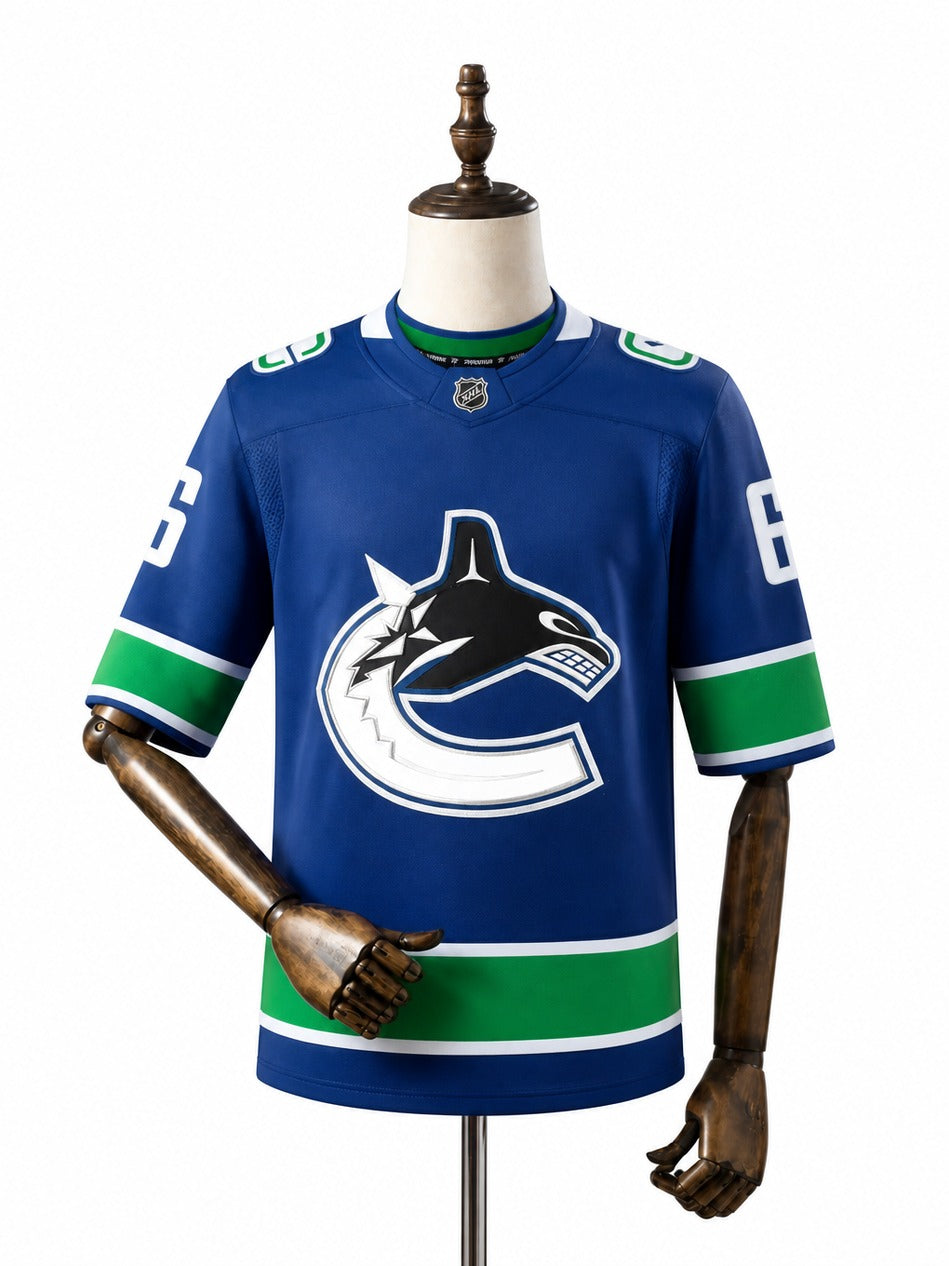 Vancouver Canucks NHL Jersey – Home & Away frente real web manequim fundo branco