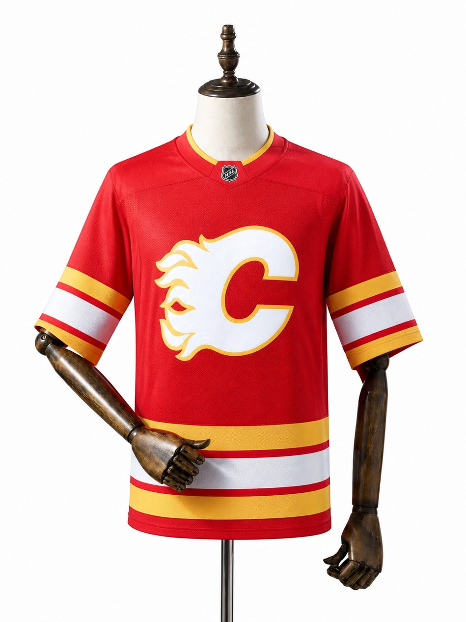 Calgary Flames NHL Jersey – Home & Away frente real web manequim fundo branco