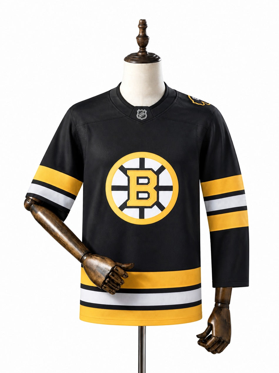 Boston Bruins NHL Jersey – Home & Away frente real web manequim fundo branco