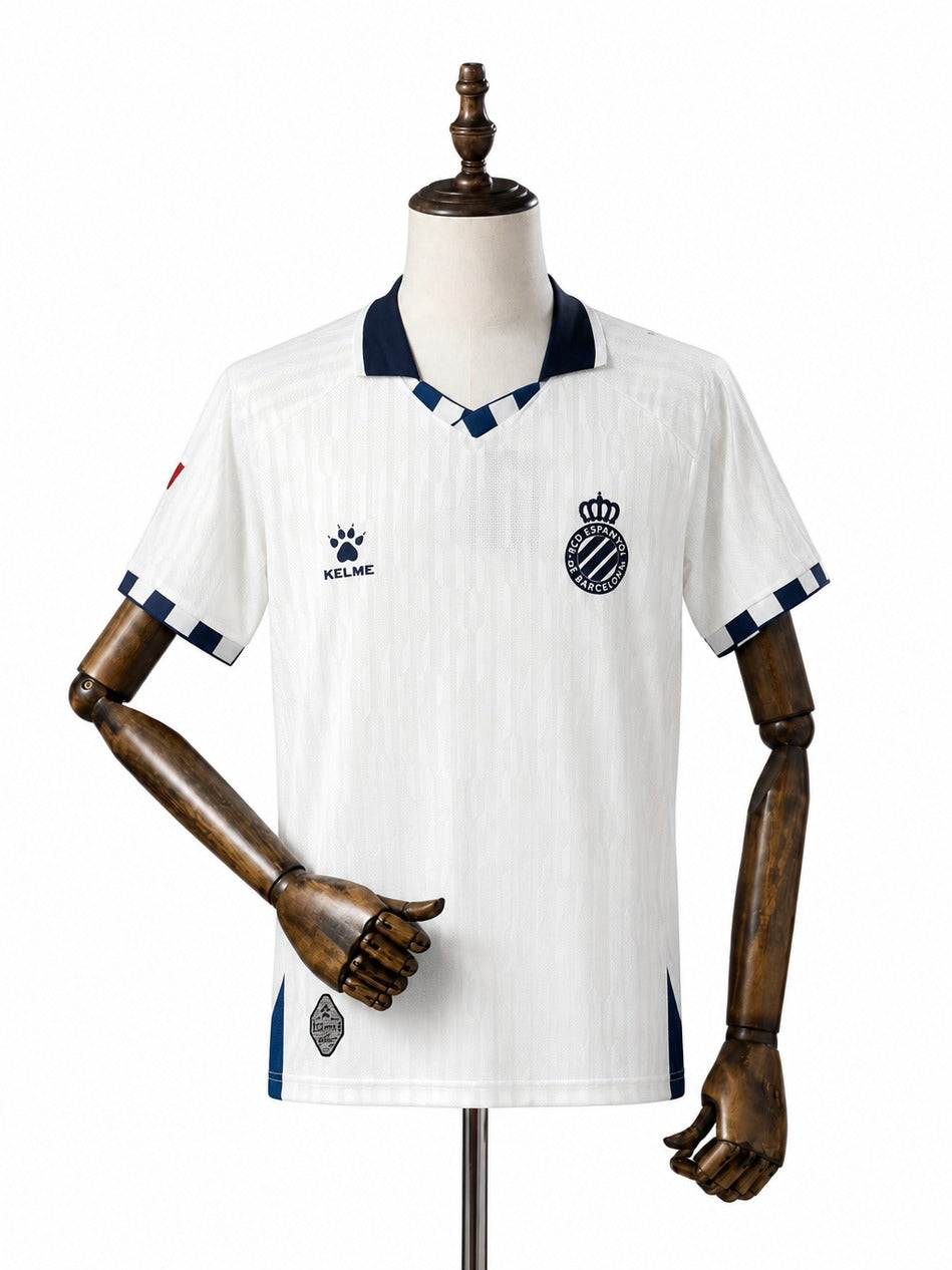 Camisa Espanyol - 2º Uniforme Torcedor 2025/26 frente manequim fundo branco