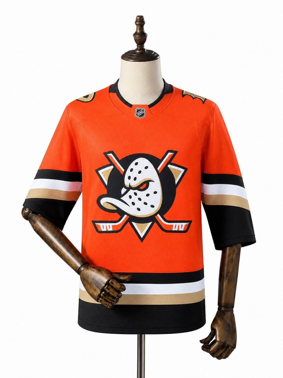 Anaheim Ducks NHL Jersey – Home & Away frente real web manequim fundo branco