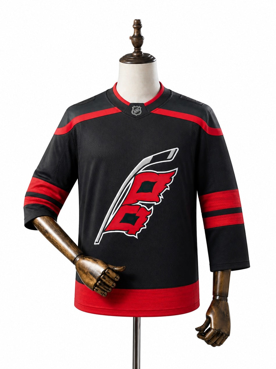Carolina Hurricanes NHL Jersey – Home & Away frente real web manequim fundo branco